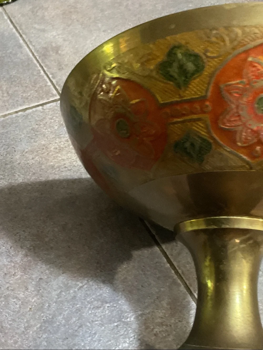 Decorative Brass Pedestal Bowl with Red and Green Enamel